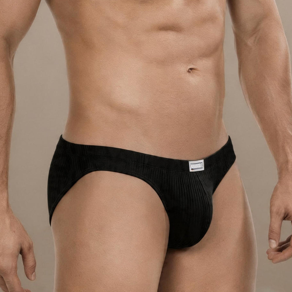 MetroMaleWear Milano bikini black corduroy briefs with ribbed texture and white brand tag on waistband front view