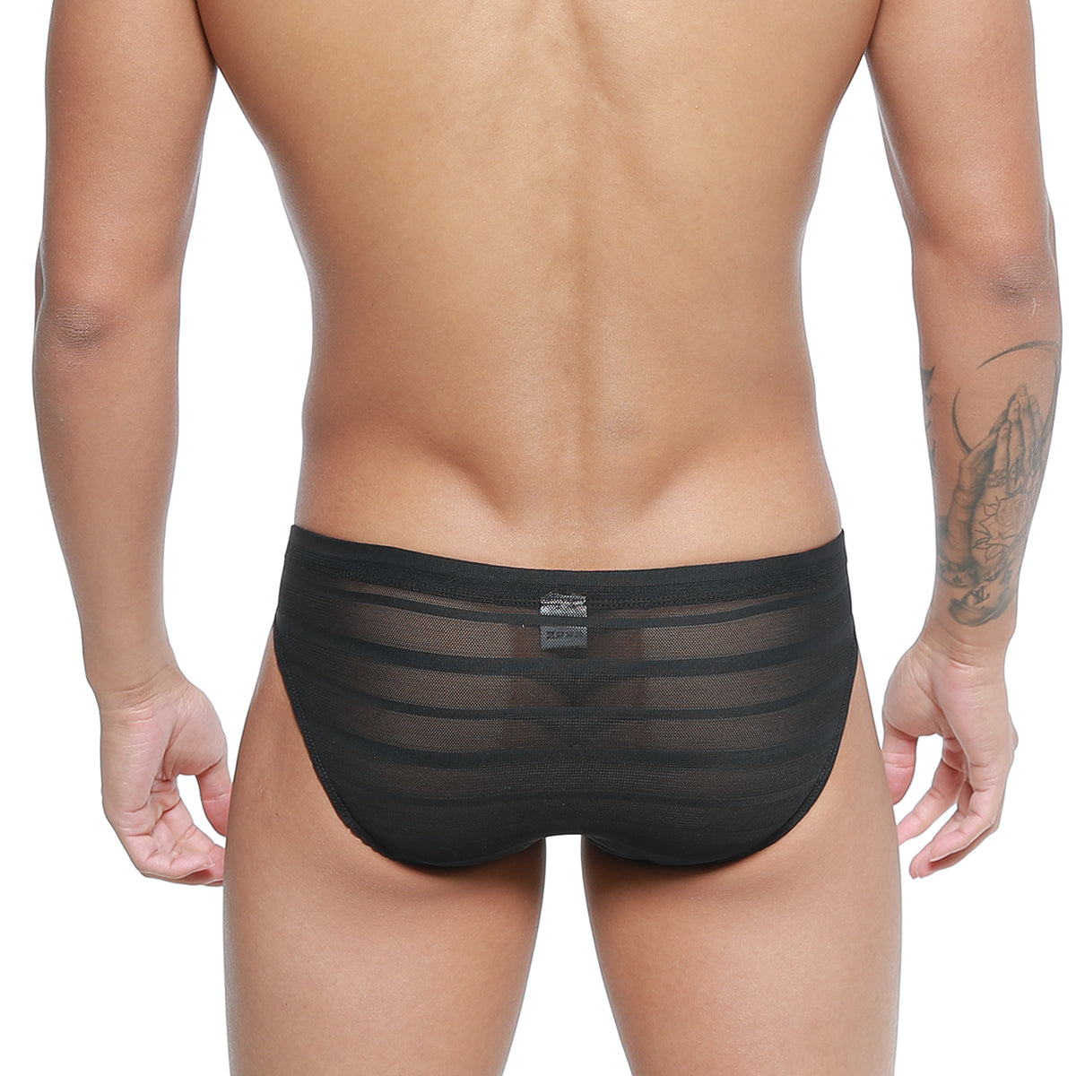 Black sheer mesh briefs with horizontal striped pattern metro malewear carril bikini 5103-m33 front view