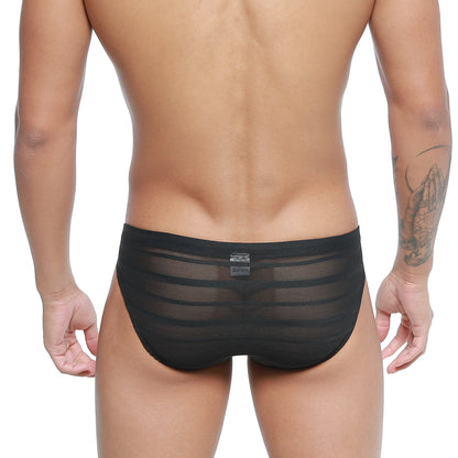 Black sheer mesh briefs with horizontal striped pattern metro malewear carril bikini 5103-m33 front view
