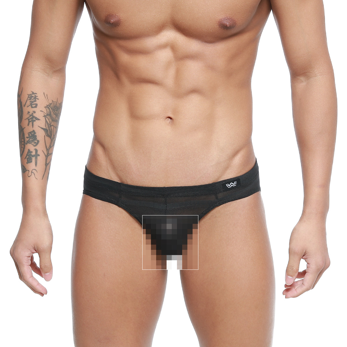 Black mesh thong with subtle logo on waistband shown from the back metro malewear carril bikini 5103-m33