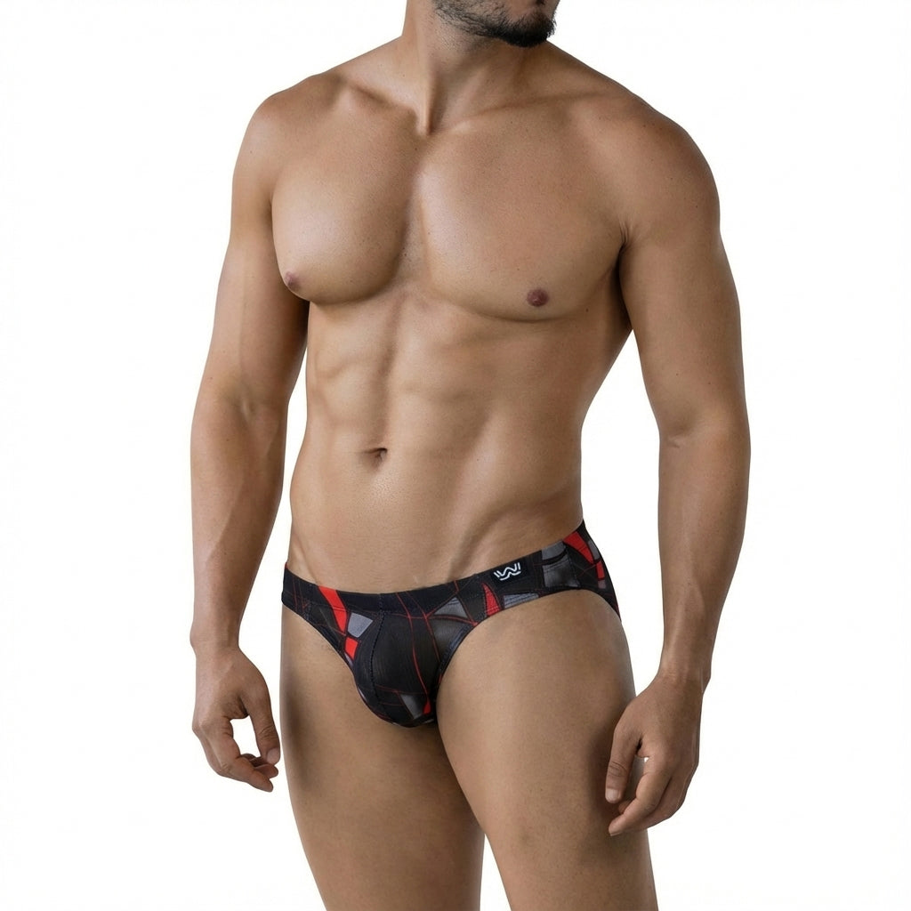 MetroMaleWear Espejo Bikini 5103-M35 black and red geometric patterned men’s briefs with a subtle sheen