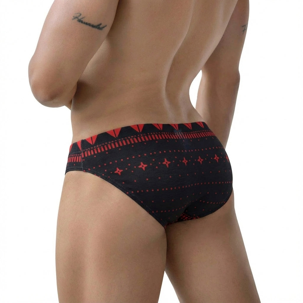 Black briefs with red geometric patterns and star motifs metroMalewear spade bikini 5103-M36 front view