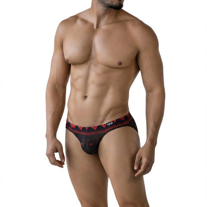 Black briefs with red geometric patterns and a small white logo on the waistband by metromalewear spade bikini 5103-m36