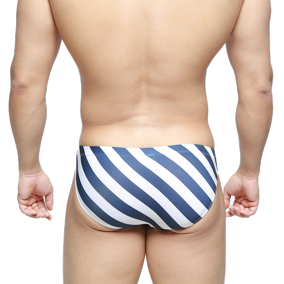 Blue and white diagonally striped swim trunks metroMalewear screw bikini navy 5103-m40 for stylish beachwear