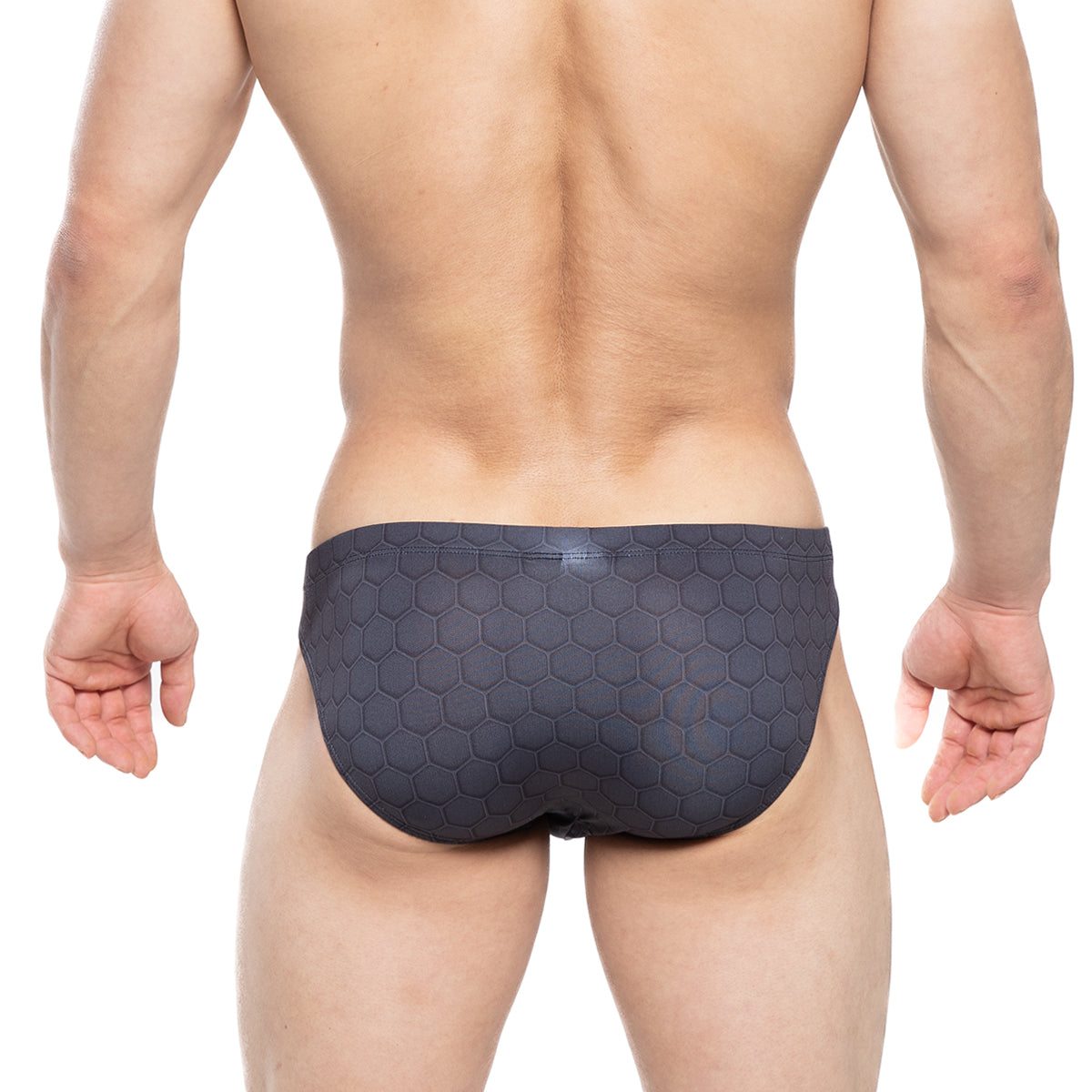 Dark gray swim trunks with a textured hexagonal pattern from metromalewear armour bikini 5103-m41 collection