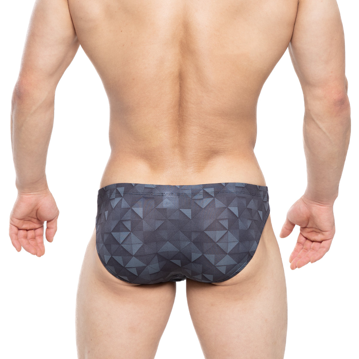 Dark gray swim trunks with a geometric triangle pattern from MetroMaleWear Fractal Bikini 5103-M42
