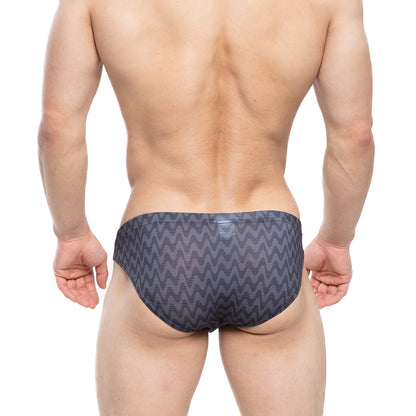 Dark gray swim trunks by metromalewear with a bold zigzag pattern suitable for beach and pool use