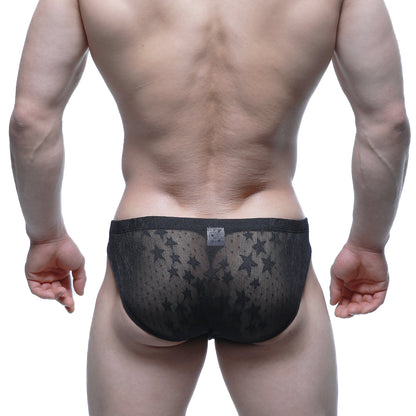 Metro male wear stardust bikini black 5103-m51 black star-patterned mesh briefs front view