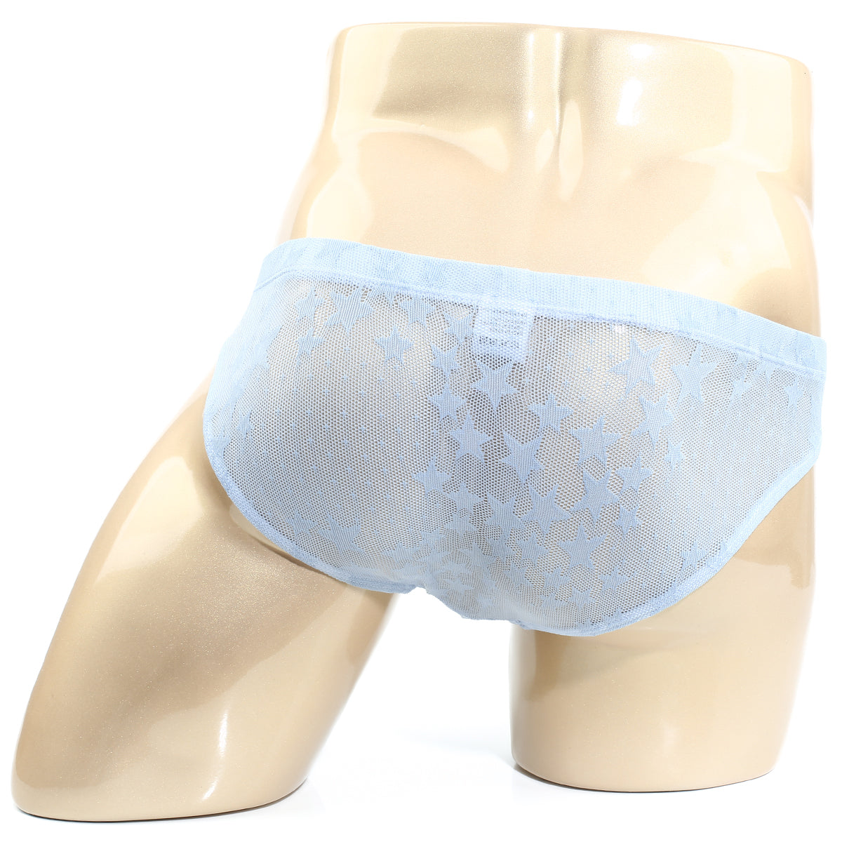 MetroMaleWear Stardust bikini light blue sheer lace briefs with delicate star pattern and elastic waistband