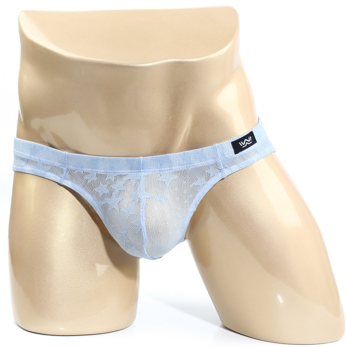 Light blue MetroMaleWear Stardust bikini briefs with lace trim, mesh design, and black brand tag