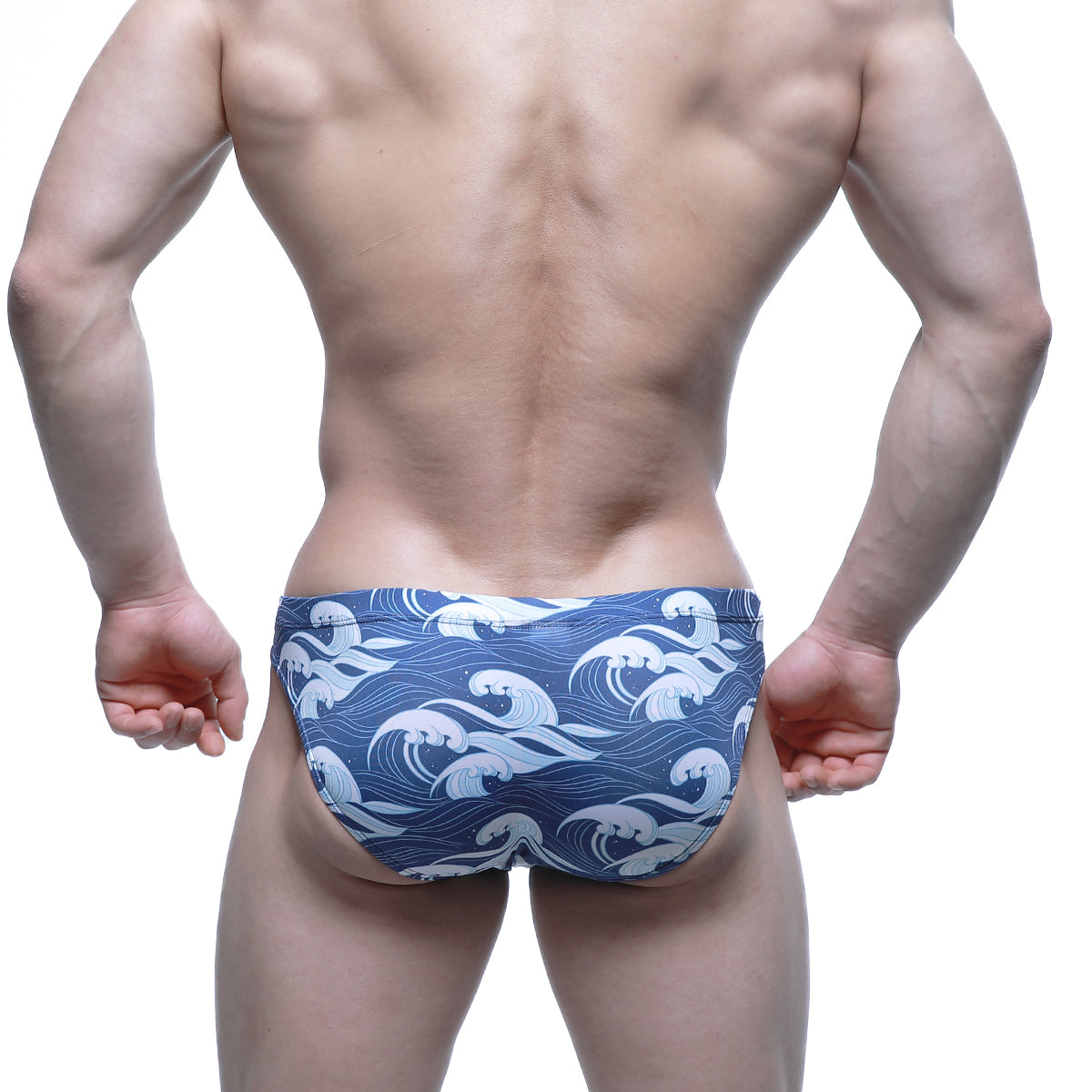 Blue swim trunks with white wave pattern by Metromalewear Pado Bikini 5103-M53 perfect for beachwear