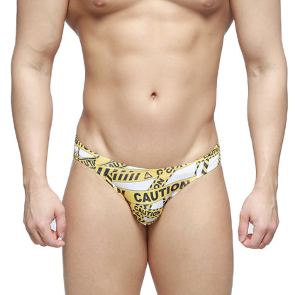 MetroMalewear caution bikini white 5103-m60 swim trunks with yellow and black caution tape pattern for swimwear use