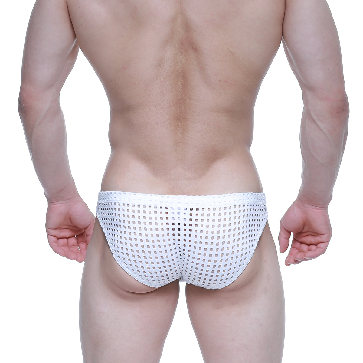 White mesh briefs with a grid-like pattern from metromalewear mild bikini 5103-m66 for comfortable everyday wear