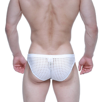 White mesh briefs with a grid-like pattern from metromalewear mild bikini 5103-m66 for comfortable everyday wear