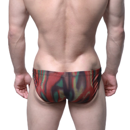 Metro malewear fire bikini 5103-m73 vibrant red green and black ribbed abstract patterned swim trunks