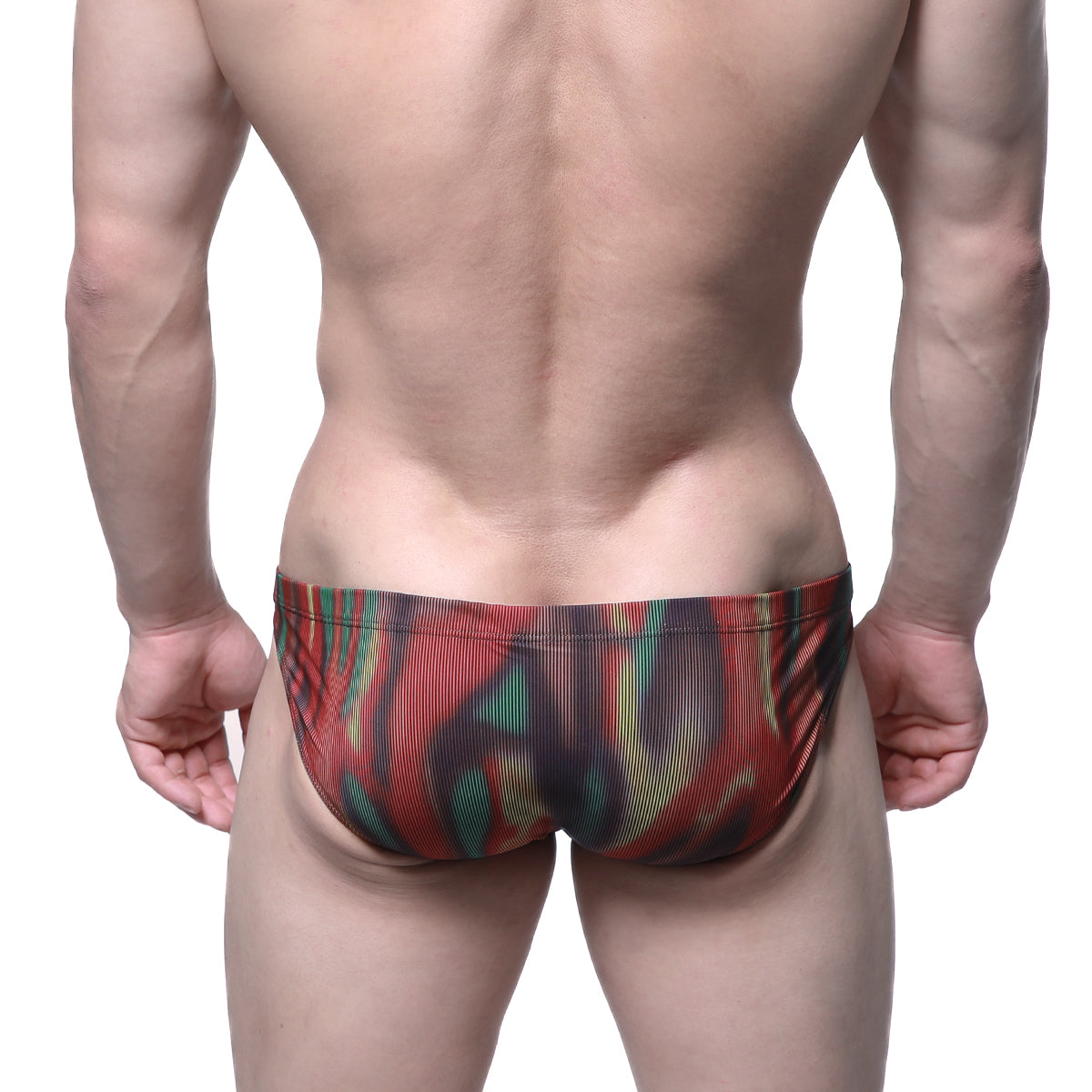 MetroMaleWear Delado bikini white 5103-m71 vibrant red green and black abstract patterned ribbed swim trunks