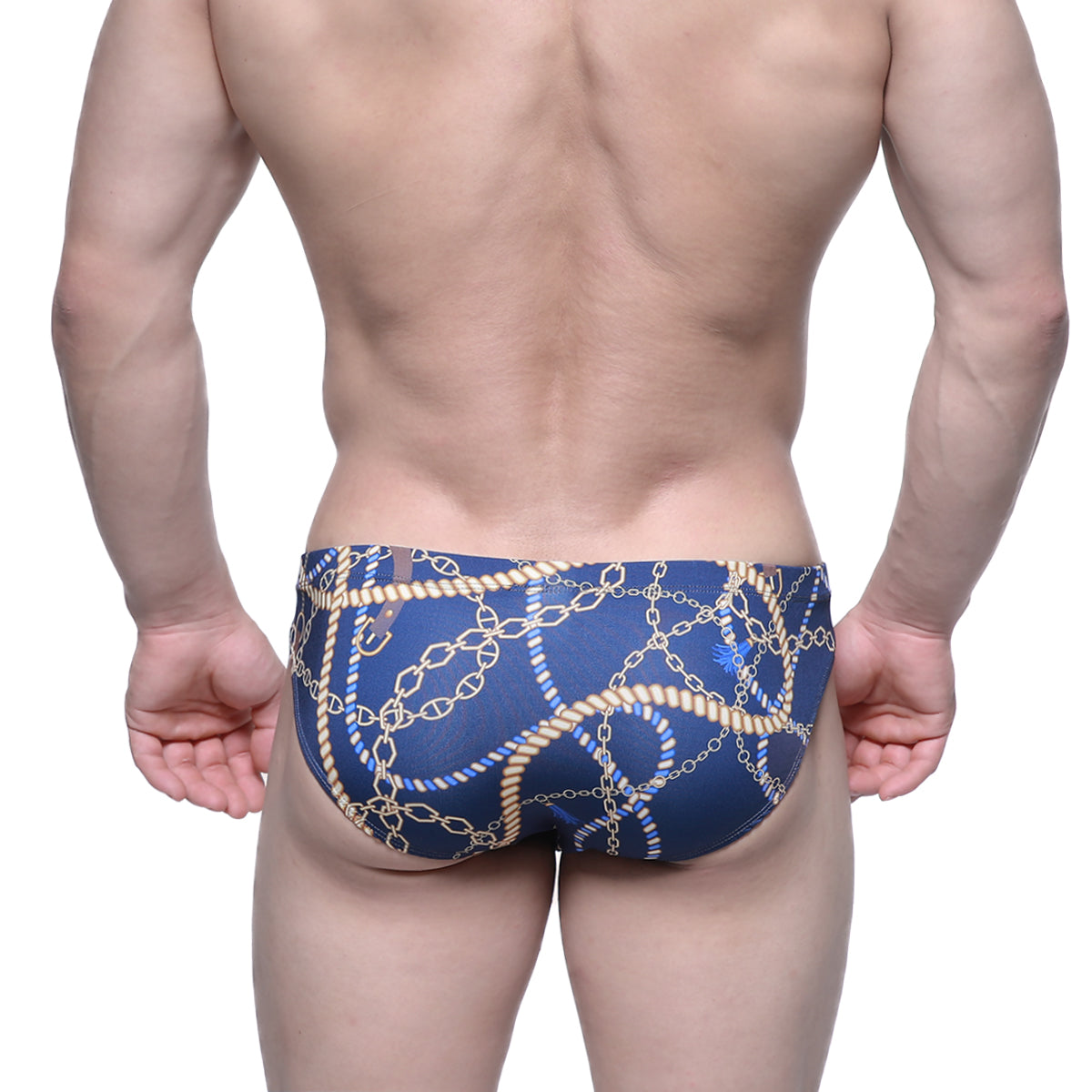 Blue swim trunks metroMalewear mayor bikini 5103-m74 with bold gold chain and rope pattern for stylish beachwear