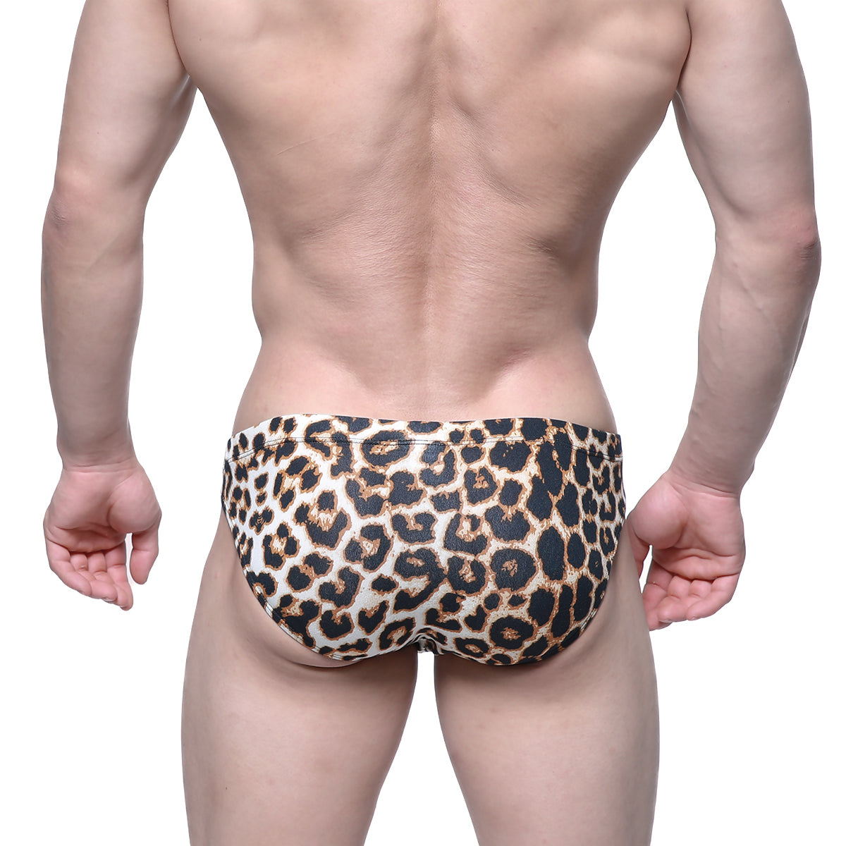 MetroMaleWear Leo Bikini 5103-M75 leopard-print swim trunks featuring a bold black and tan pattern