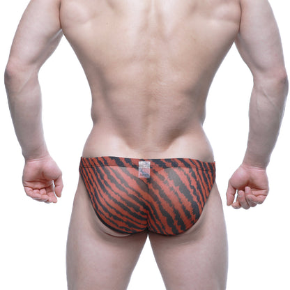 Orange and black tiger-striped men’s briefs metro male wear pard bikini 5103-m76 front view in soft fabric