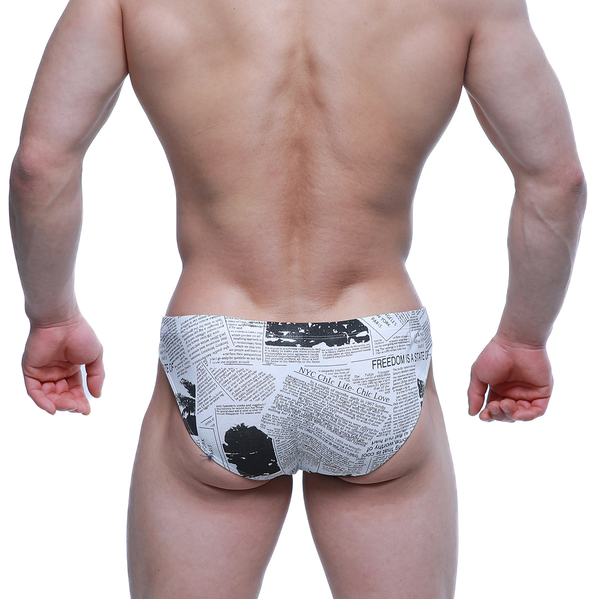 Black and white newspaper print swim trunks metro malewear newspaper bikini 5103-m78 front view