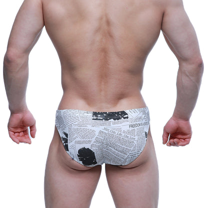 Black and white newspaper print swim trunks metro malewear newspaper bikini 5103-m78 front view