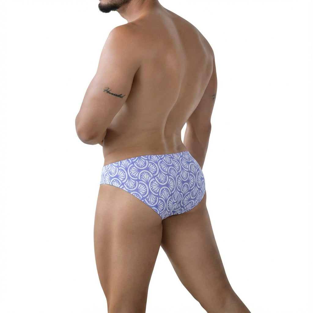MetroMaleWear Celadon Bikini 5103-M79 purple and white patterned briefs with decorative fan-like design