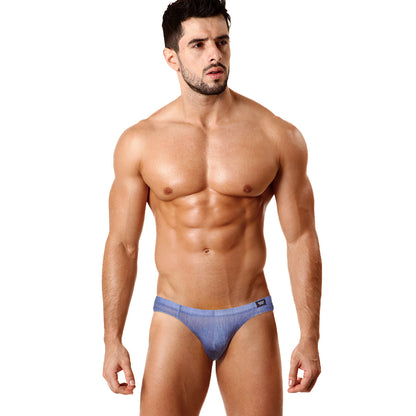 Blue denim-style briefs with subtle textured pattern and black MetroMaleWear tag on waistband