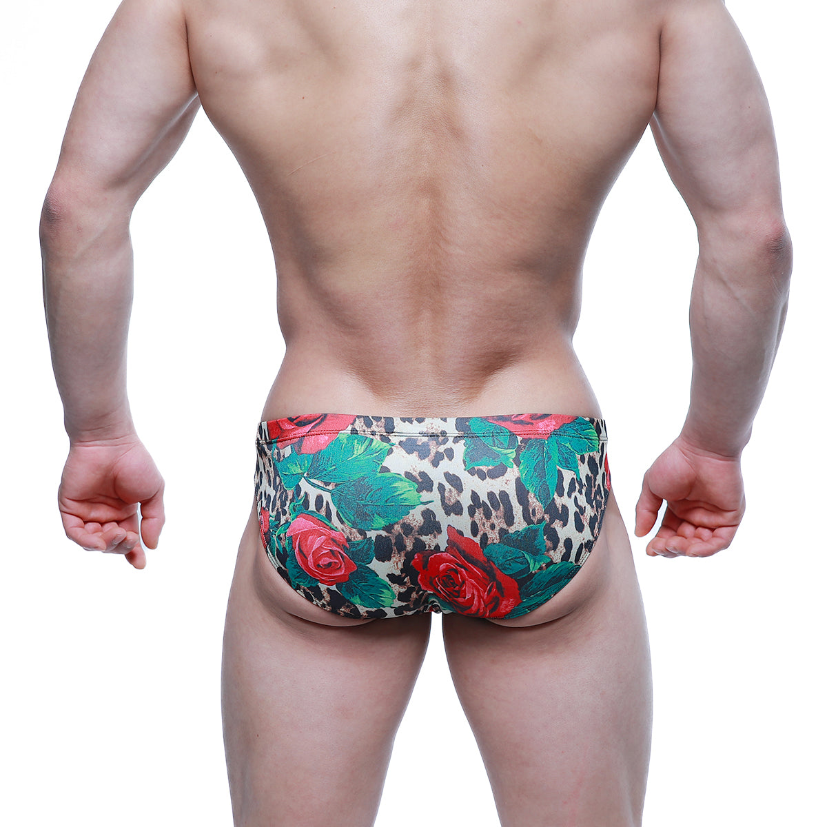 MetroMaleWear Rosee Bikini 5103-M81 leopard print swim trunks with vibrant red roses and lush green leaves design