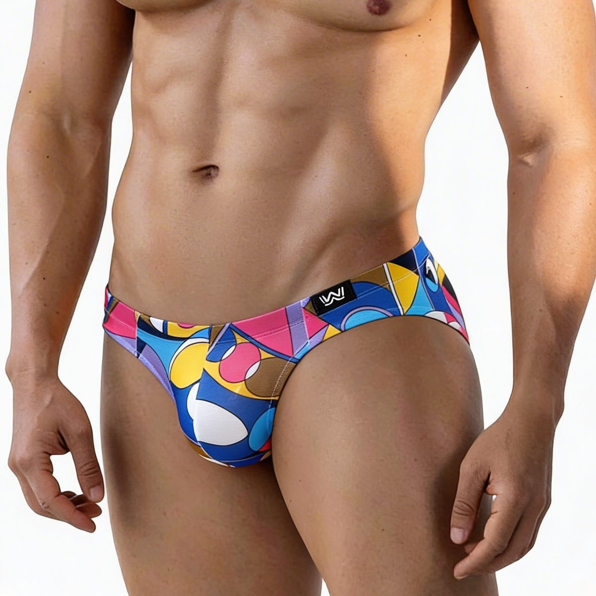 MetroMalewear Picasso bikini 5103-M87 vibrant geometric men’s swim trunks in blue pink yellow white with black logo tag