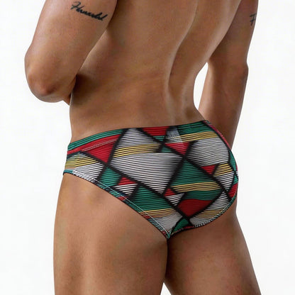 MetroMaleWear Cebada Bikini 5103-M88 vibrant geometric-patterned swim trunks in red green yellow and black