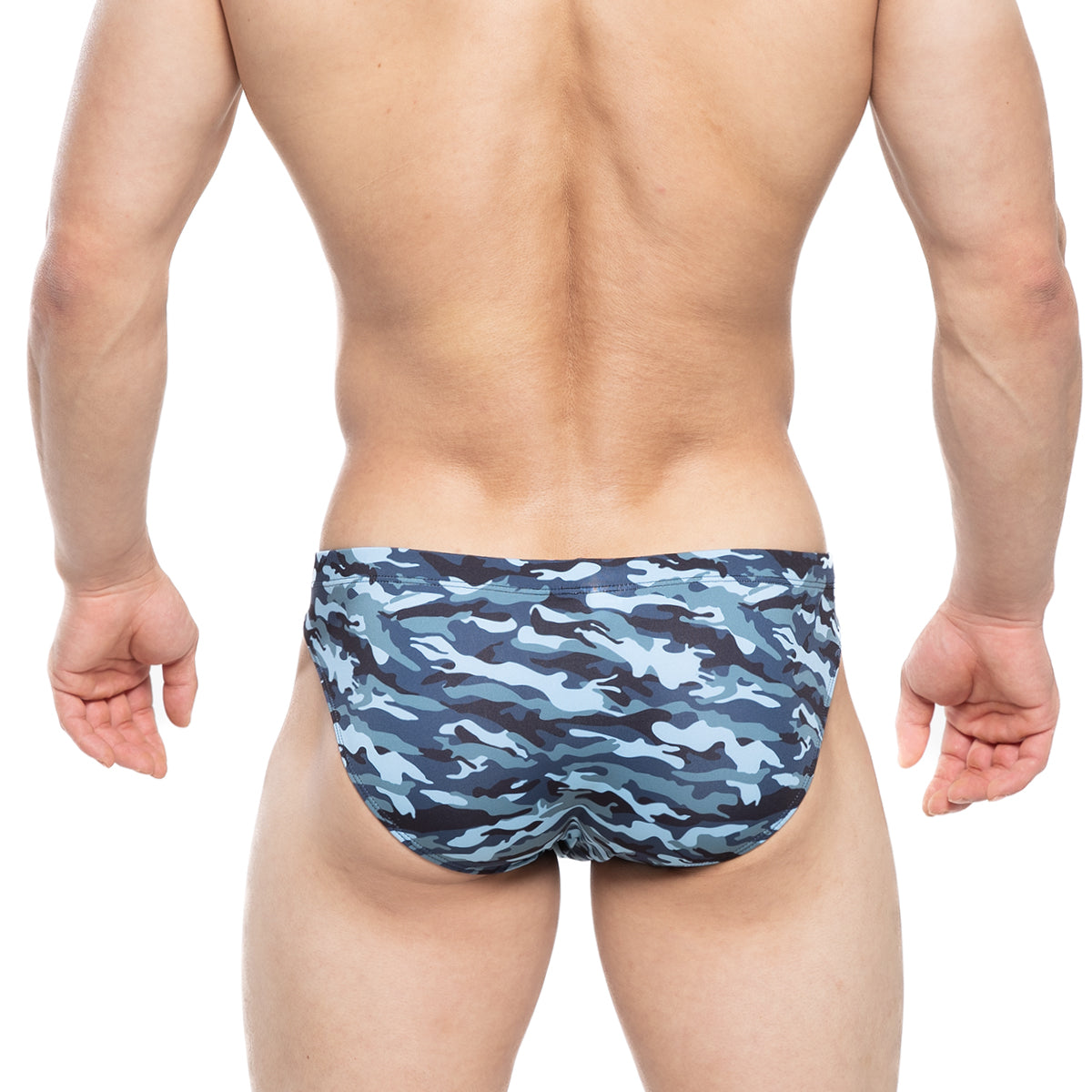 Blue and gray camouflage-patterned metroMalewear military bikini swim trunks for men in navy 5103-M92 design