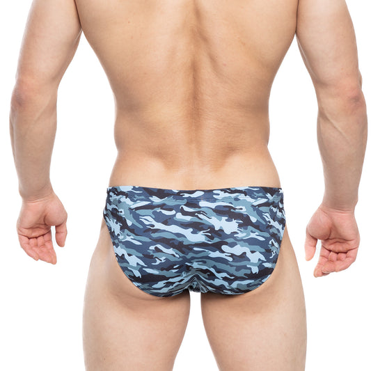 Blue and gray camouflage-patterned metroMalewear military bikini swim trunks for men in navy 5103-M92 design