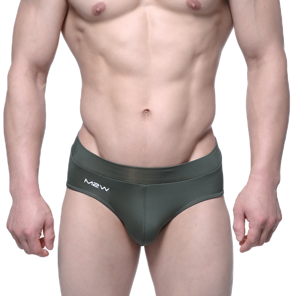 Dark olive green metroMalewear espacio brief with sleek form-fitting design and subtle white logo on waistband