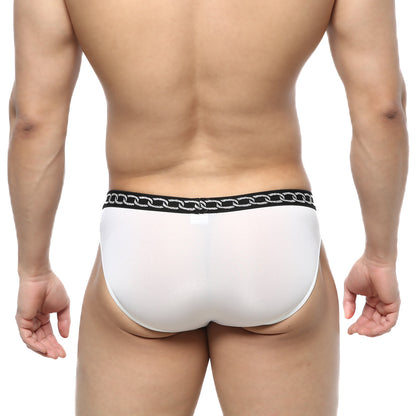 MetroMaleWear rhapsody bikini white 5105-01 men’s briefs with a black waistband and silver chain pattern