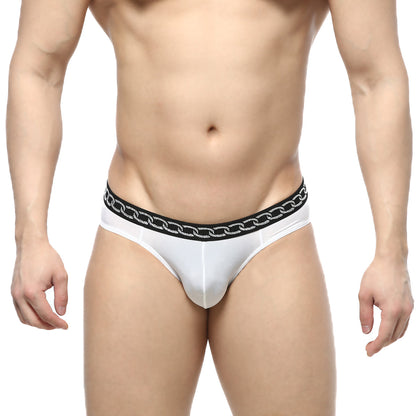 Metro male wear rhapsody bikini white 5105-01 white men’s briefs with black embossed chain pattern waistband