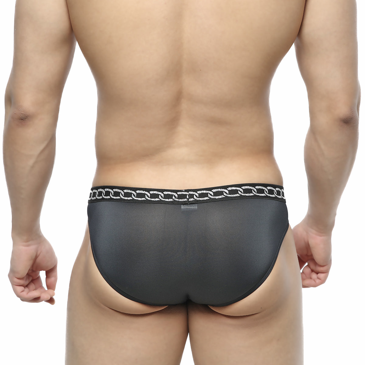 MetroMaleWear Rhapsody bikini black mesh briefs with silver chain-link waistband trim for stylish menswear