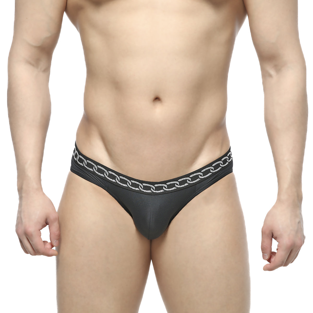 MetroMalewear rhapsody bikini black thong featuring a silver chain pattern along the waistband shown from the back