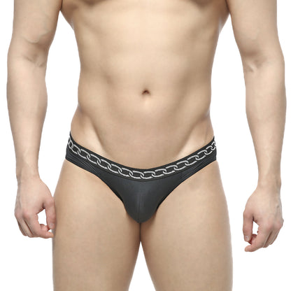 MetroMalewear rhapsody bikini black thong featuring a silver chain pattern along the waistband shown from the back