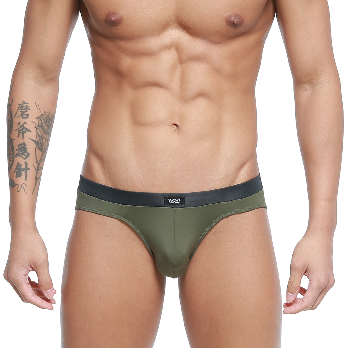 MetroMaleWear Cebolla bikini briefs in olive green with black waistband and white logo for comfortable daily wear
