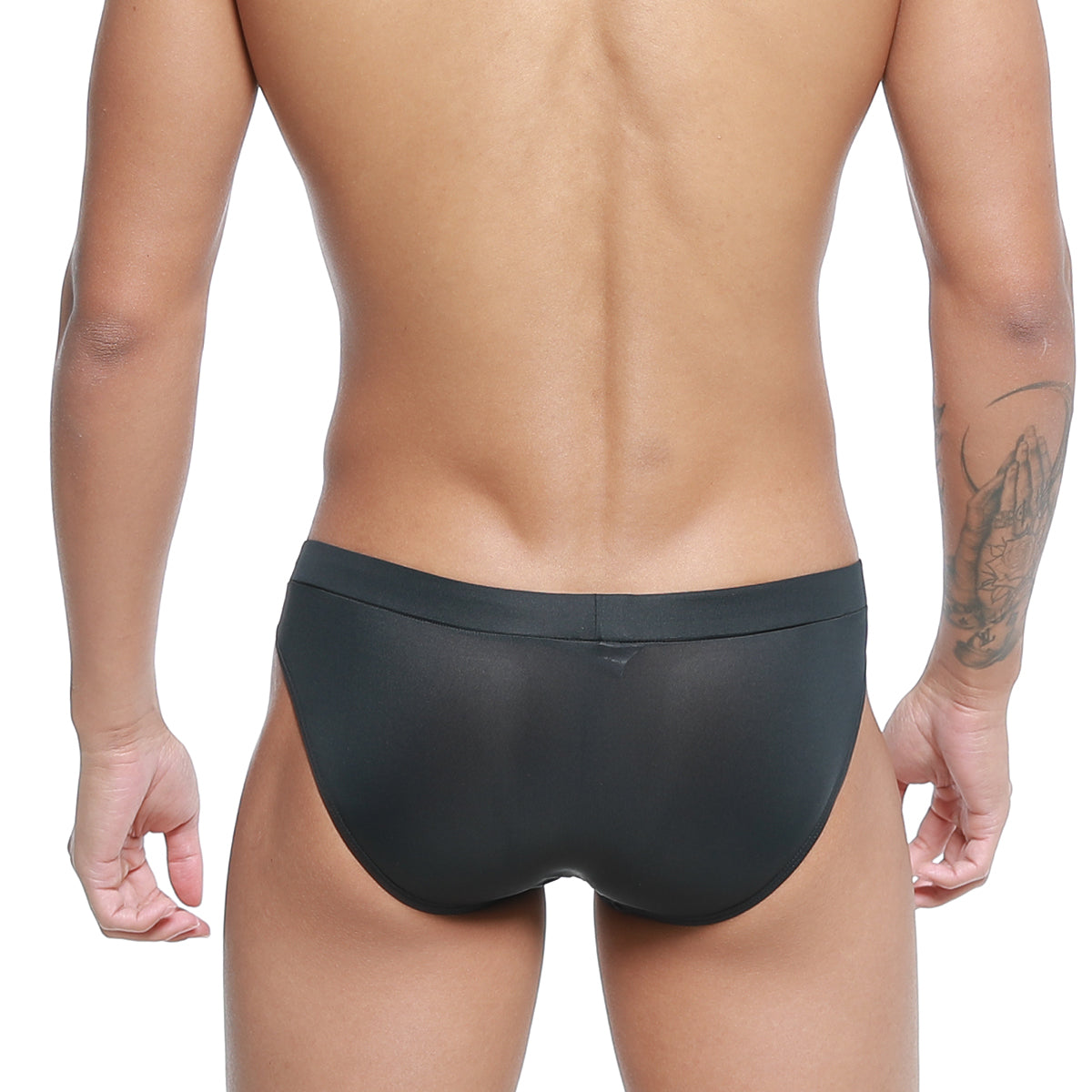 Black sheer swim trunks with solid waistband by metromalewear cebolla bikini black 5105-31