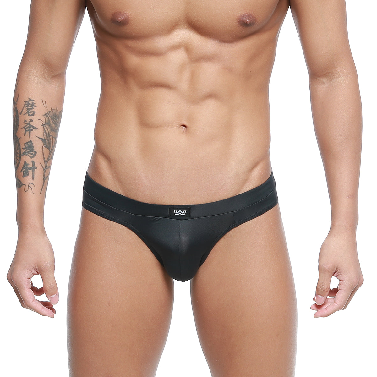 Black sleek glossy metro malewear cebolla bikini briefs with subtle logo on waistband for comfortable men’s wear