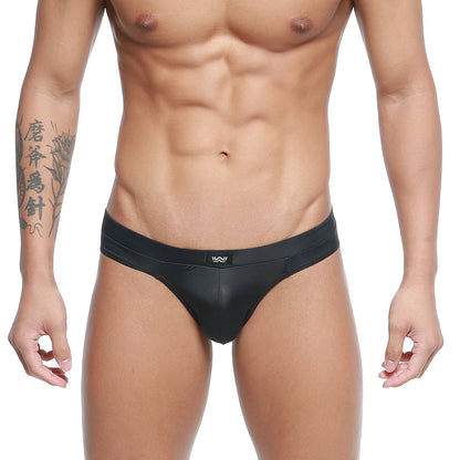 Black sleek glossy metro malewear cebolla bikini briefs with subtle logo on waistband for comfortable men’s wear