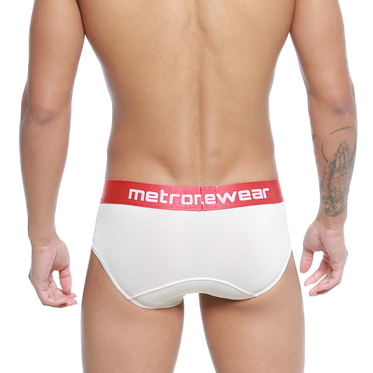 White briefs with a red waistband featuring the metronewear logo in white from the metromalewear soft brief 5106-02 collection