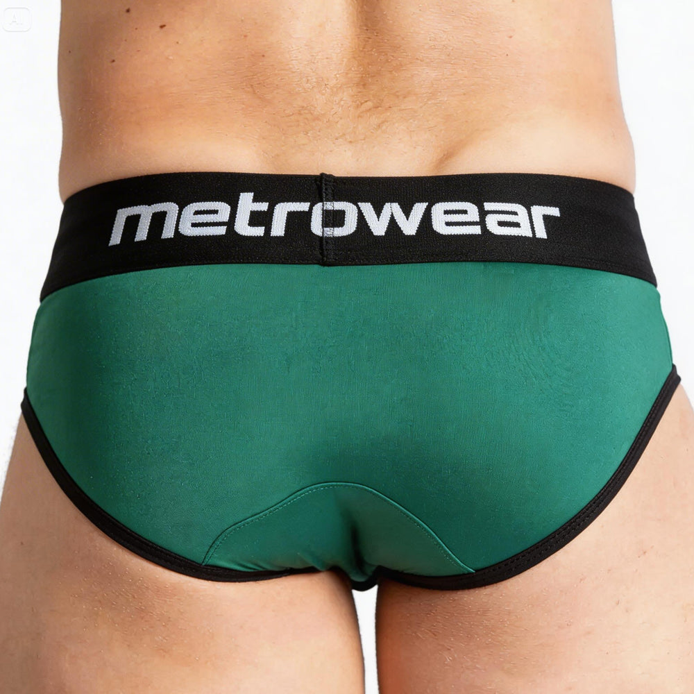 Green metrowear travis brief with black waistband and trim in breathable fabric for comfortable everyday use