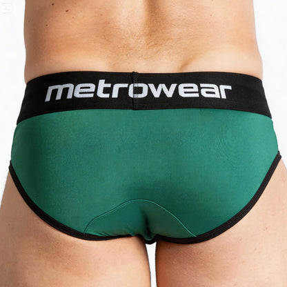 Green metrowear travis brief with black waistband and trim in breathable fabric for comfortable everyday use