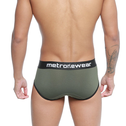 Olive green mesh briefs with black metrowear waistband metroMaleWear Cairo Brief Green 5106-26 front view