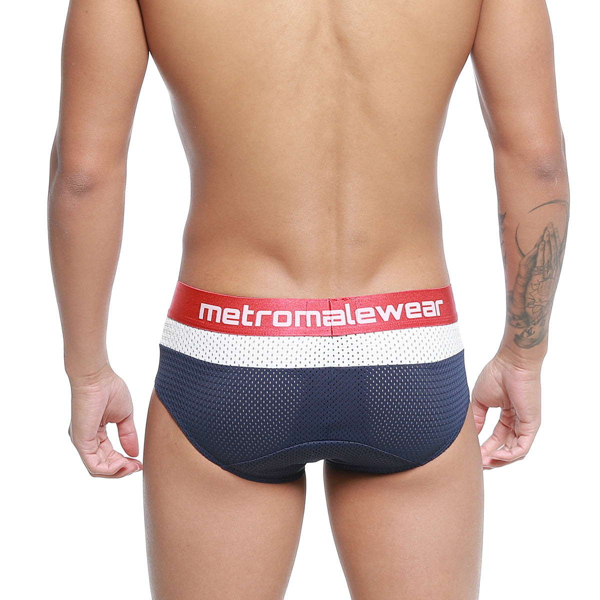 Navy blue mesh metro malewear cairo brief with red and white waistband and branded logo for comfortable wear