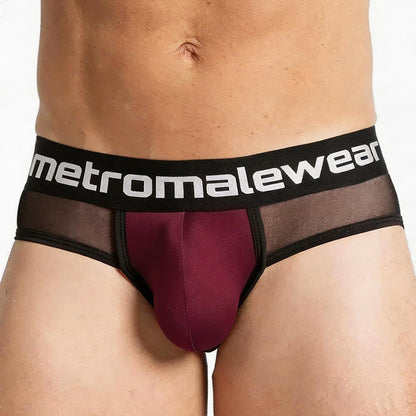 Metro malewear travis brief burgundy mesh briefs with maroon and black colors and branded waistband