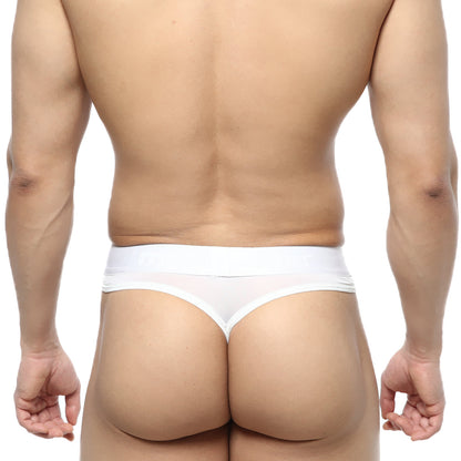 White sheer thong underwear with solid white waistband from metromalewear prado thong white 5122-00 front view