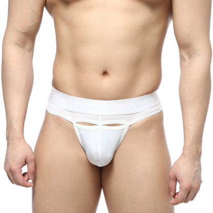 White thong with wide smooth waistband and cutout detailing by metromalewear prado thong white 5122-00